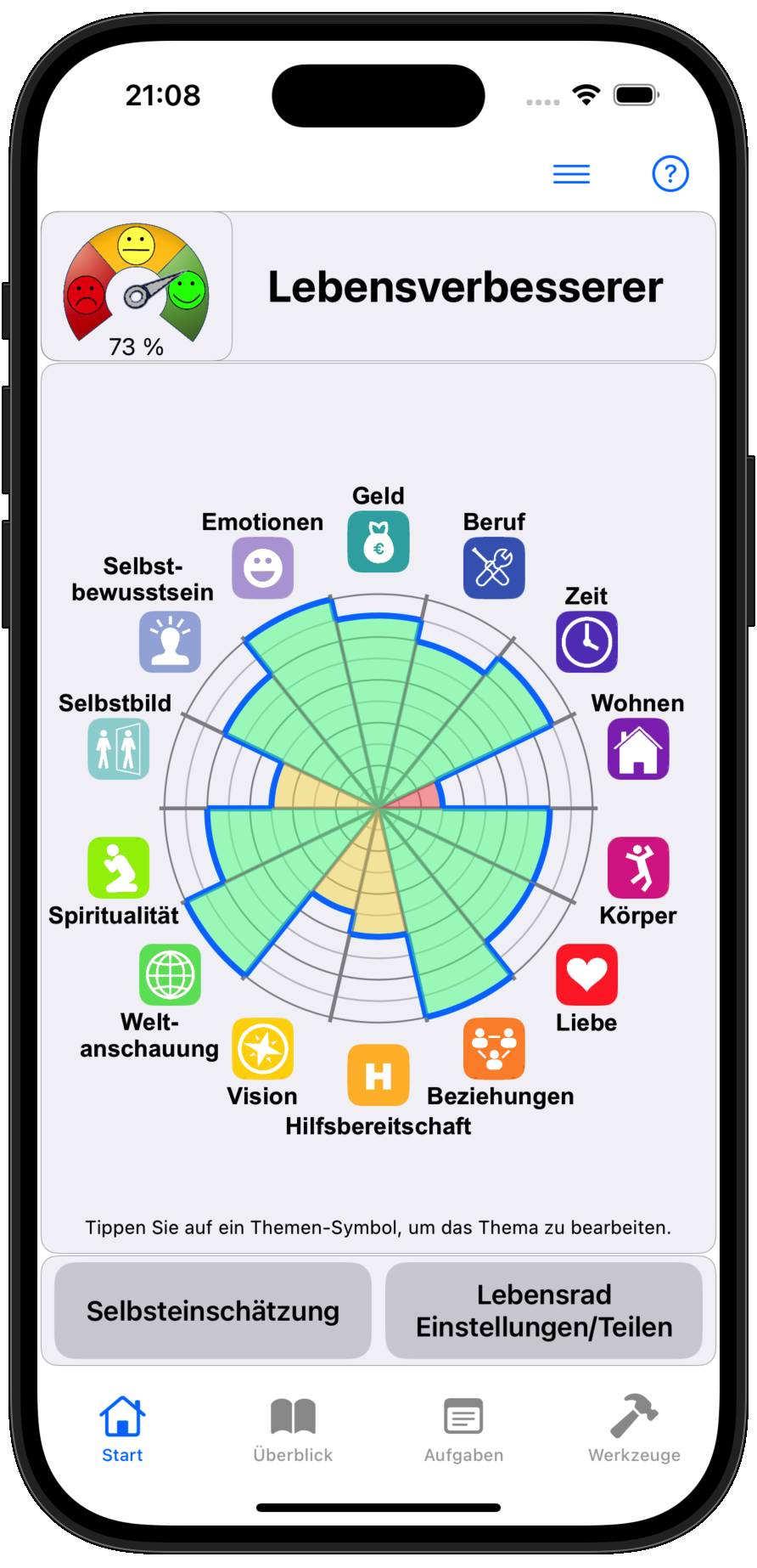 Startseite der Lebensverbesserung App